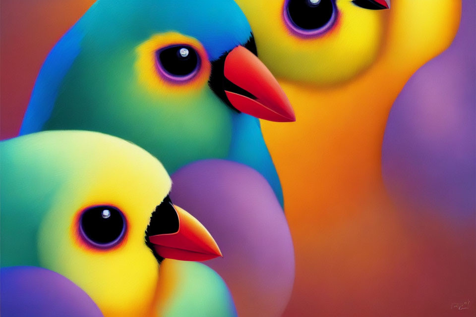 Vibrant Stylized Image: Three Birds with Blue, Green, and Yellow Feathers