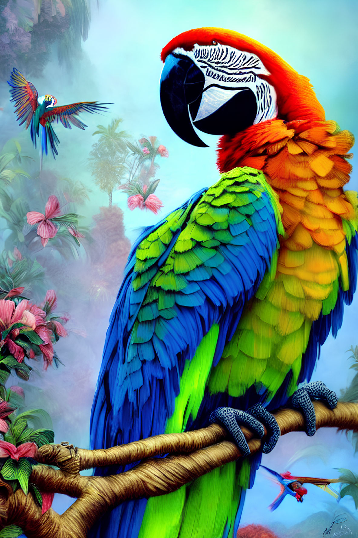 Colorful Macaw Perched in Jungle with Flying Companion