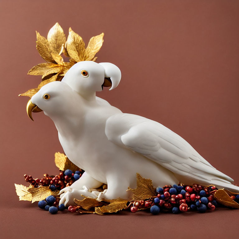 White Porcelain Parrots with Gold-Tinted Beaks and Leaves Among Colorful Berries