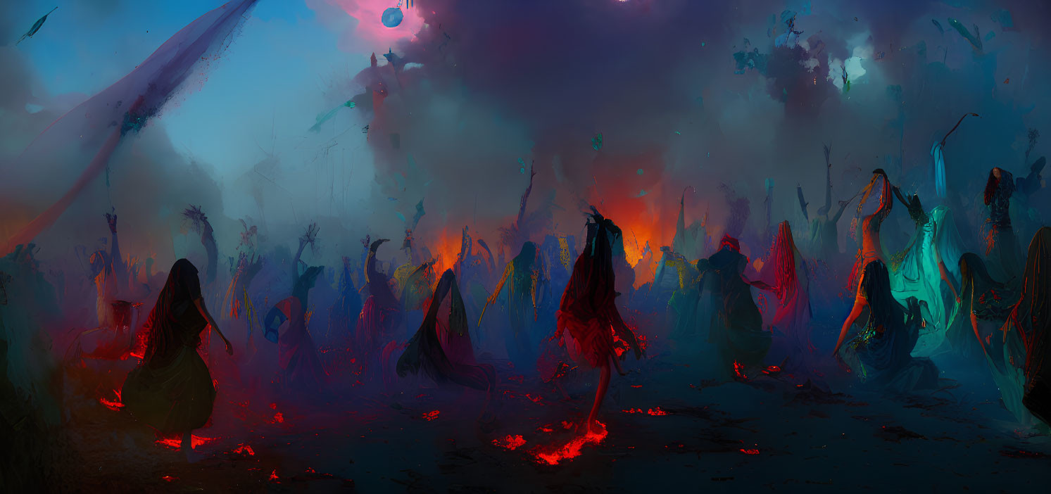 Fantastical landscape with robed figures and celestial body in fiery reds and cool blues