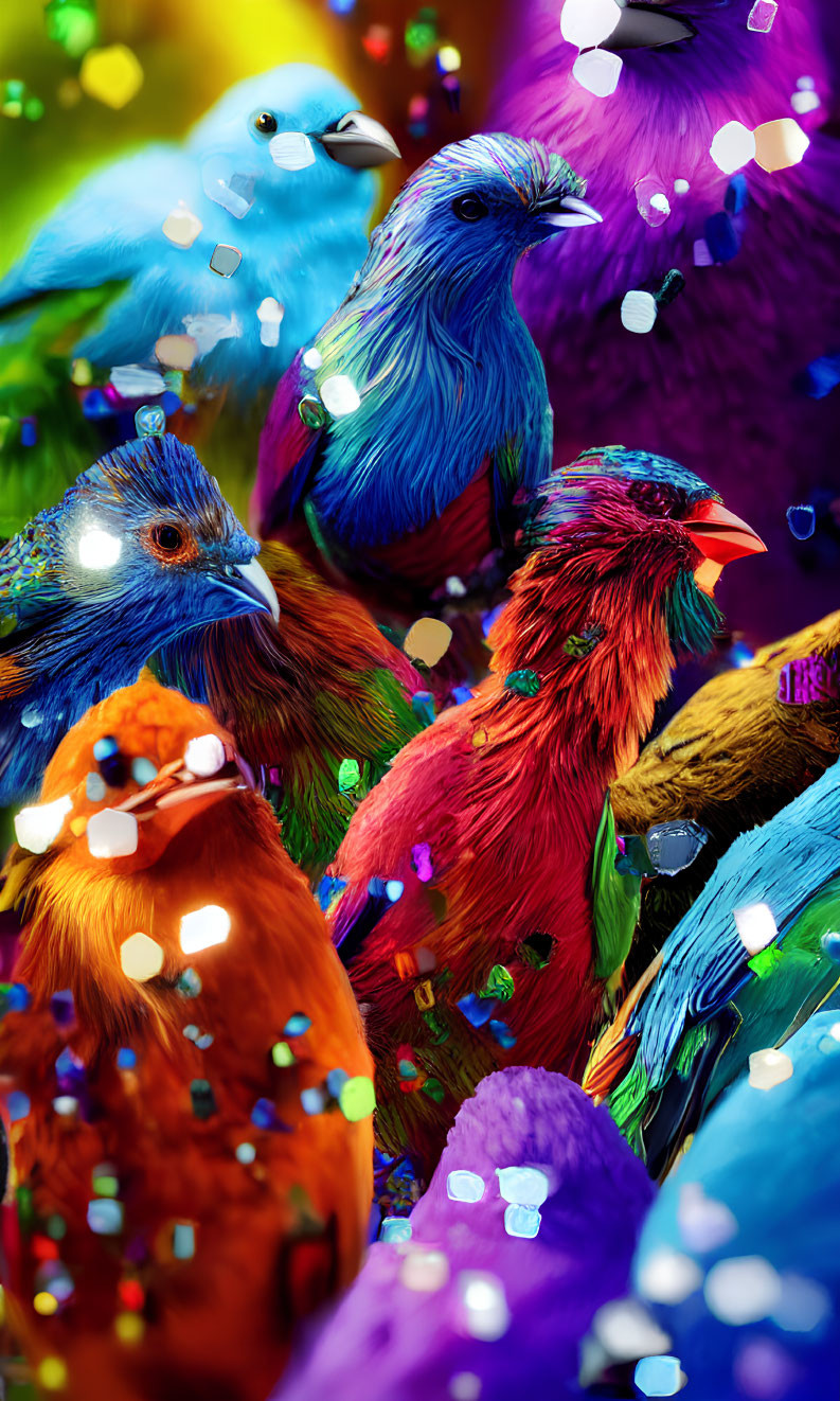 Colorful Birds with Blue, Purple, Orange, and Red Plumage in Bokeh Background