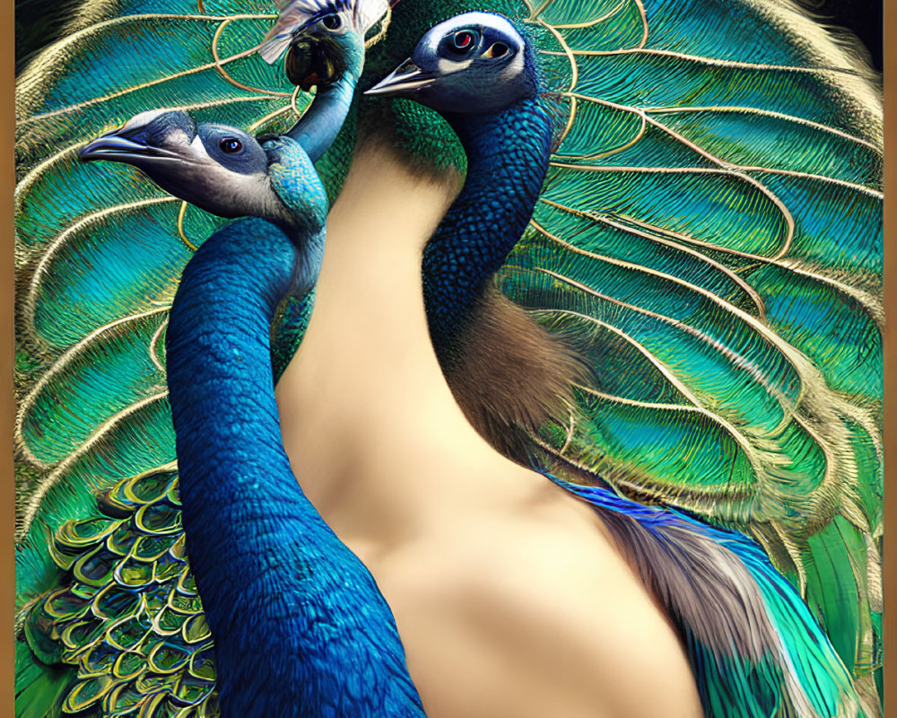 Vibrant Blue and Green Peacocks Merge with Person on Dark Background