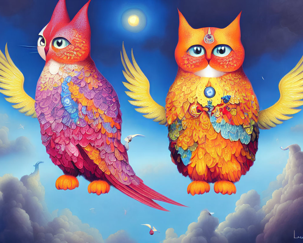 Colorful Owl-Like Creatures Flying in Sky with Birds