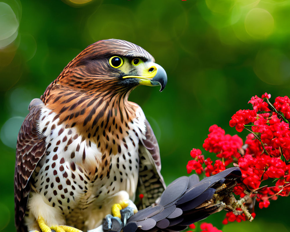 Majestic hawk perched on branch with red flowers, sharp beak, detailed feathers