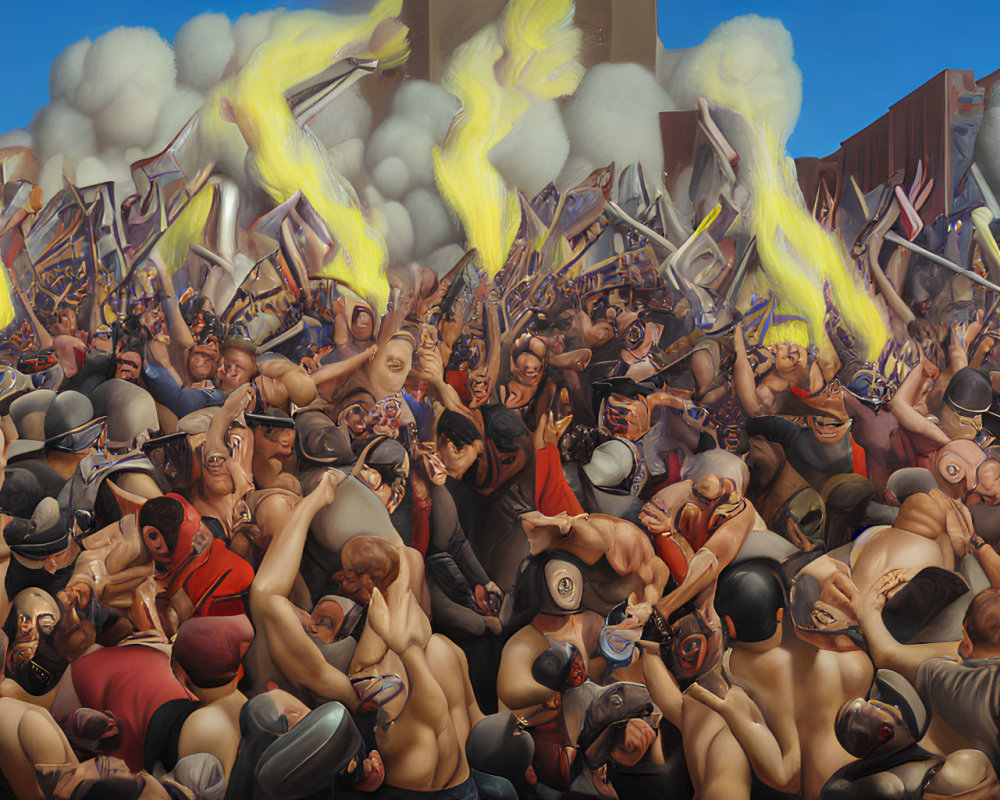 Detailed chaotic battle scene mural with muscular figures in intense combat.