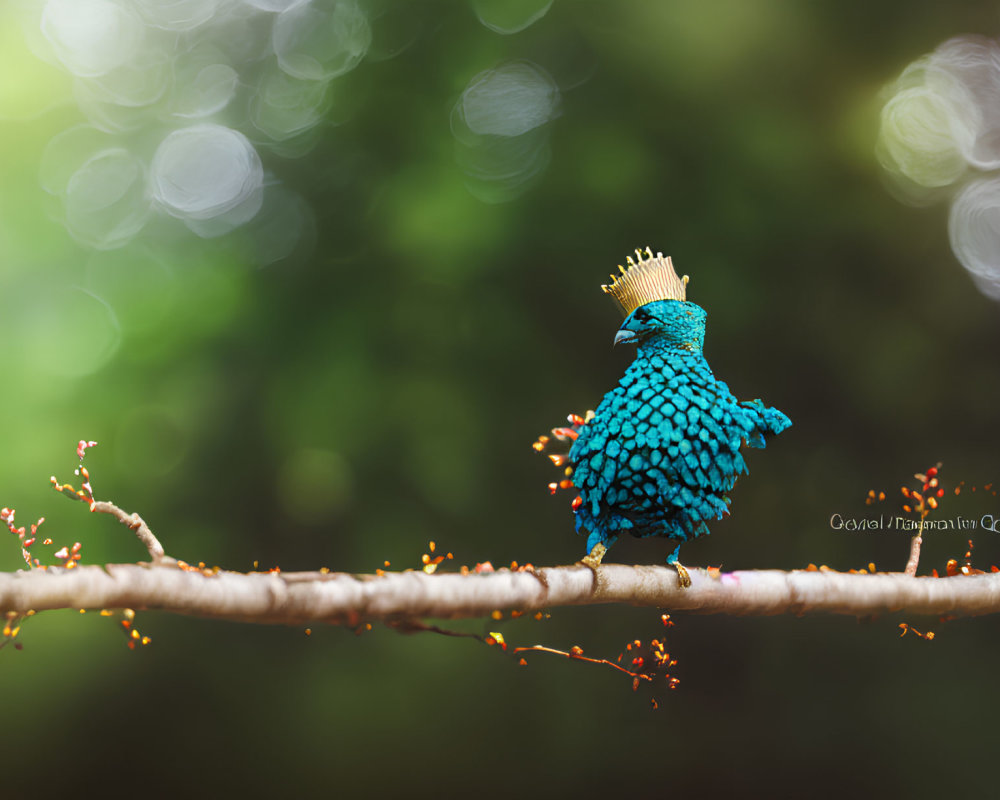 Blue Jeweled Bird Sculpture with Crown Perched on Twig in Soft-focus Green Background