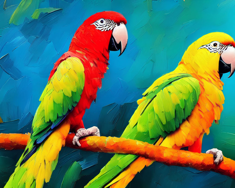 Colorful Red and Yellow Parrots on Branch with Blue Textured Background