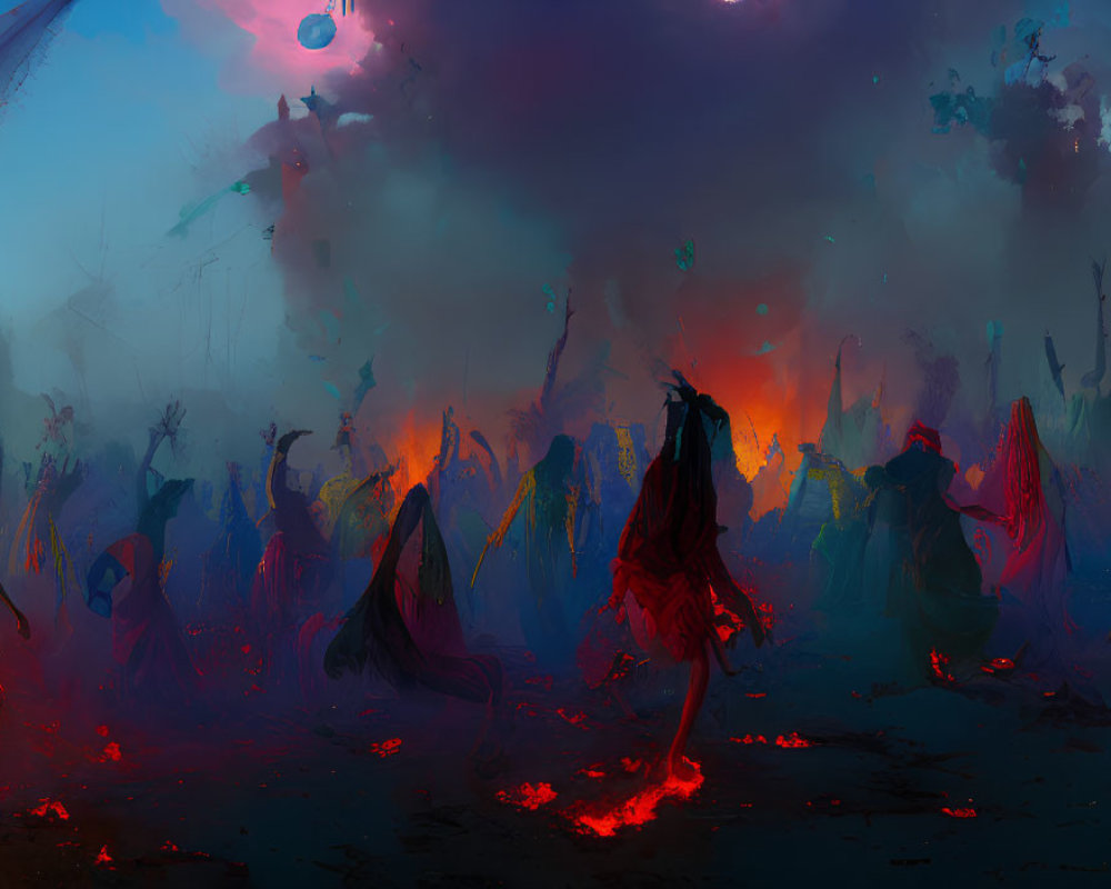 Fantastical landscape with robed figures and celestial body in fiery reds and cool blues