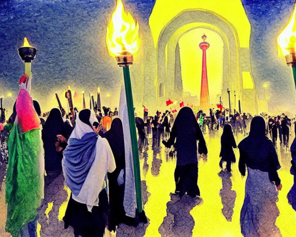 Vibrant crowd with torches around illuminated arch and column