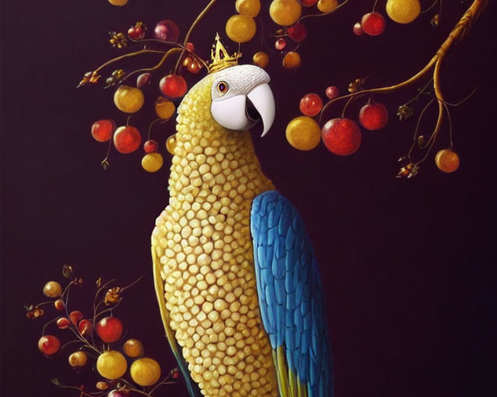 Colorful Parrot Painting with Corn Kernel Texture and Berry Branches