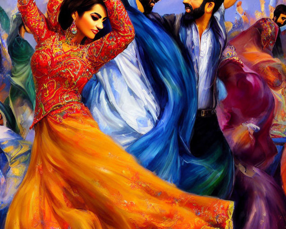 Colorful painting of people in traditional attire dancing energetically in festive setting