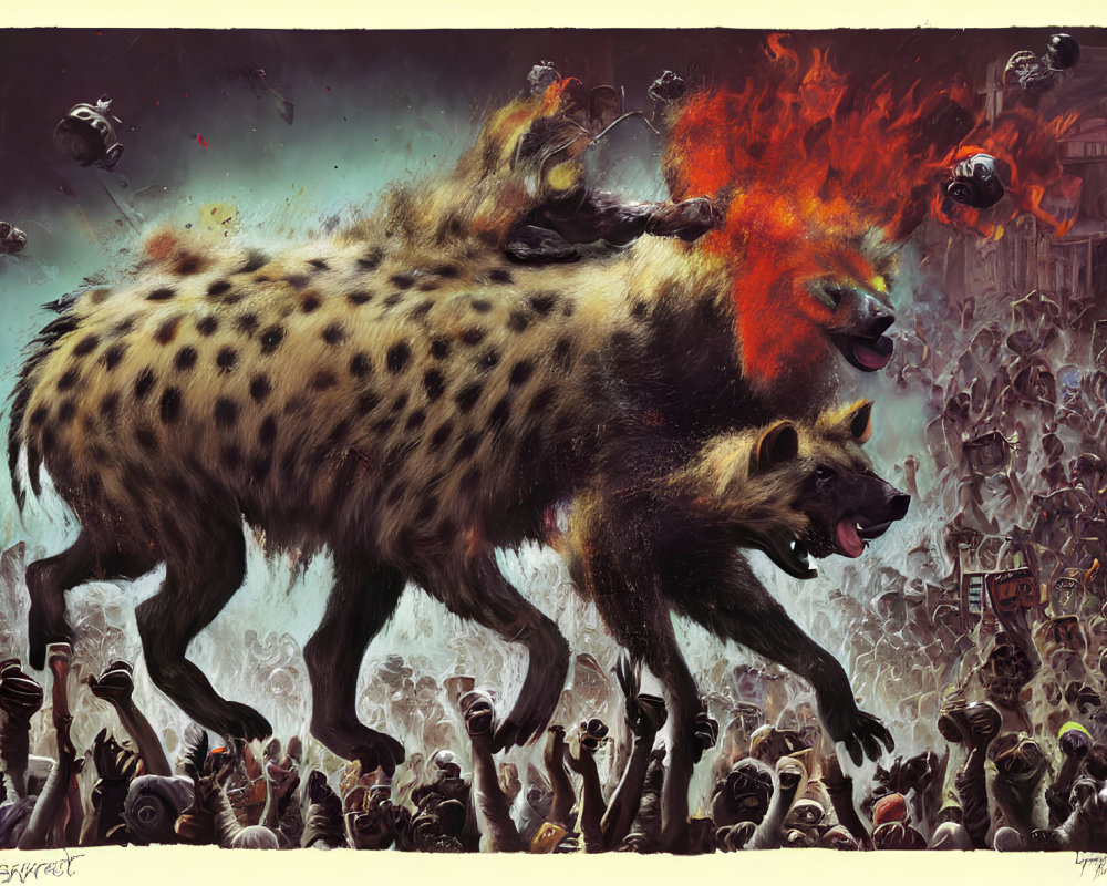 Three-headed hyena breathing fire in dystopian chaos with crowd and drones