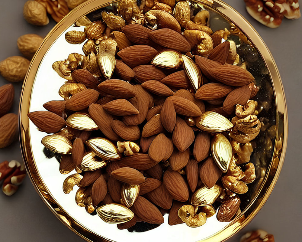 Assorted Nuts on Gold Plate Grey Background