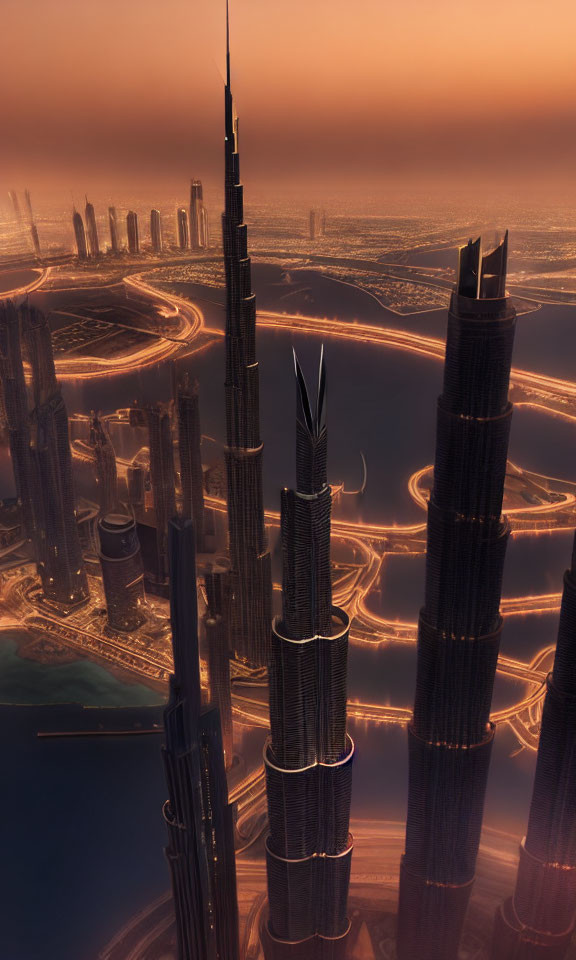 Futuristic cityscape with towering skyscrapers at twilight