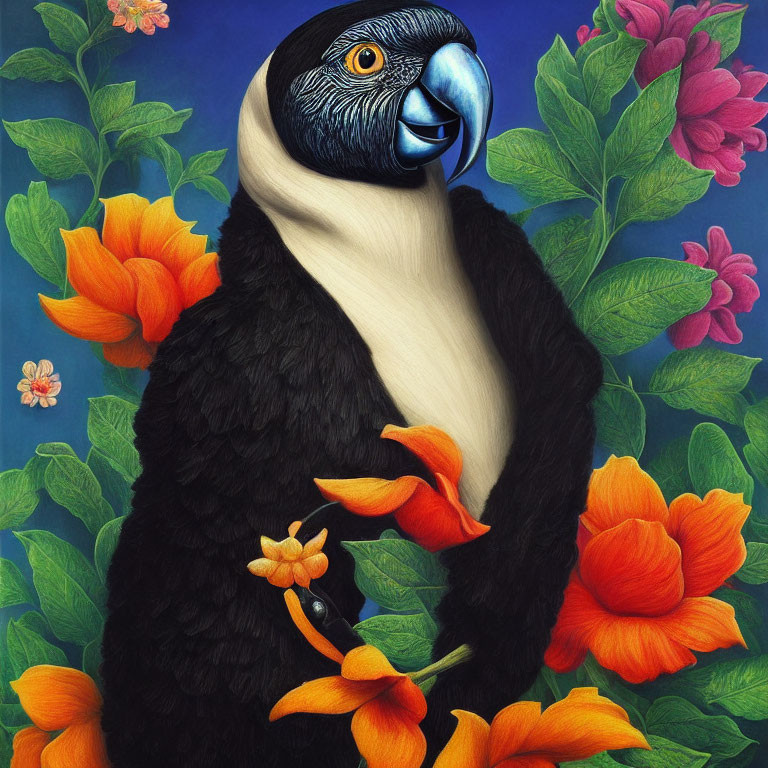 Colorful Black and White Parrot with Blue Face Among Orange and Pink Flowers on Deep Blue Background