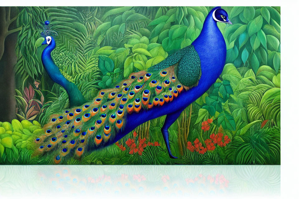 Colorful painting: Two peacocks, one with open tail, in lush green forest with red