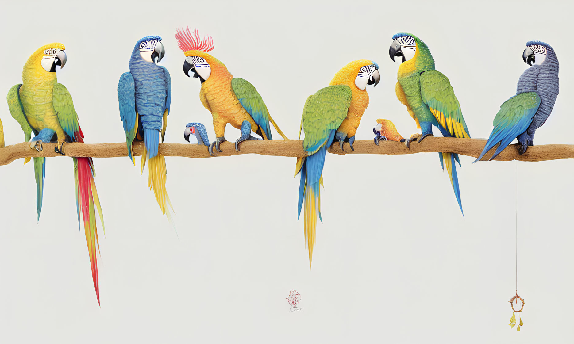 Vibrant parrots on branch with small object and hanging ring