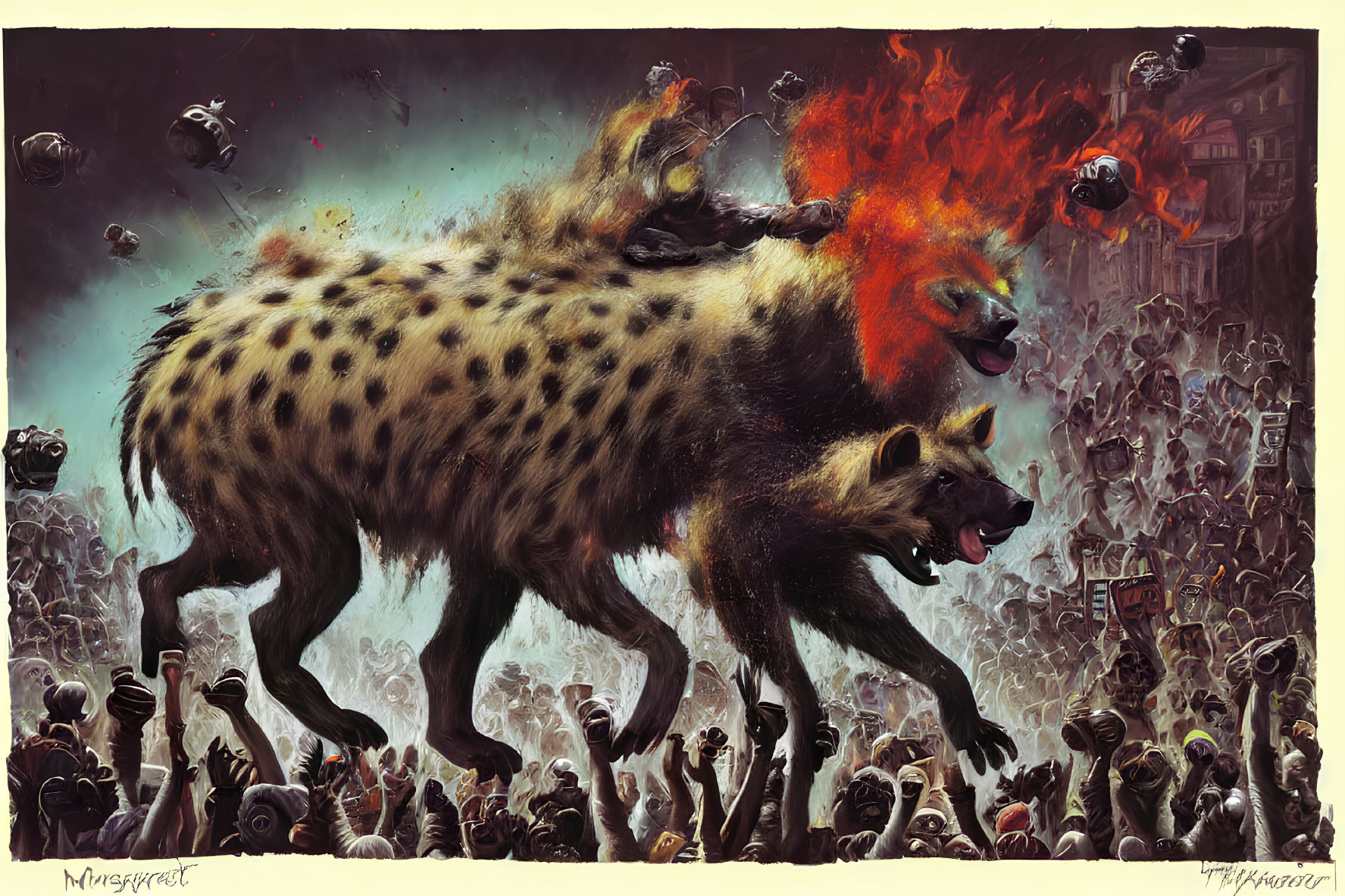 Three-headed hyena breathing fire in dystopian chaos with crowd and drones