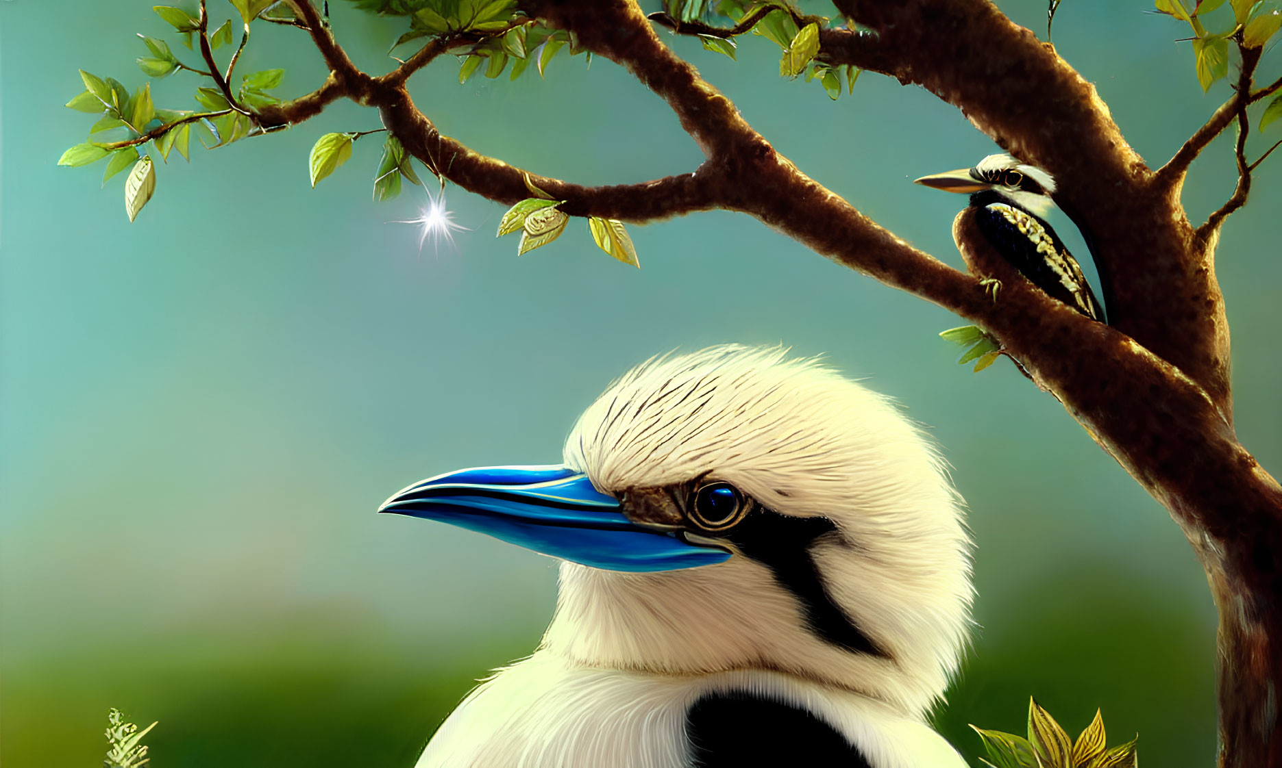 Detailed depiction of large white bird with blue beak and smaller bird on tree branch in soft-focus green