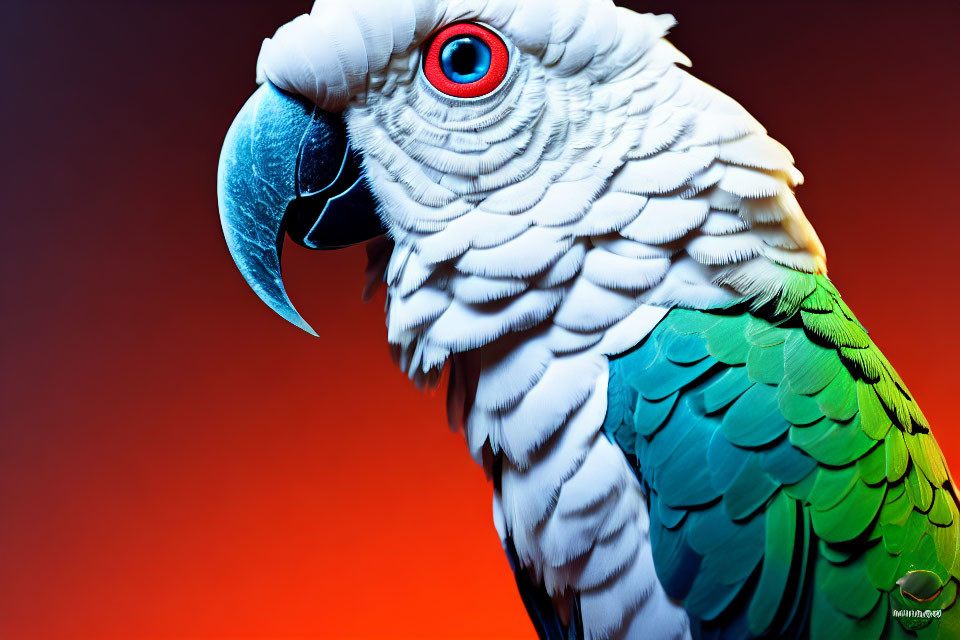 Colorful close-up of blue and green parrot with red eyes on gradient backdrop