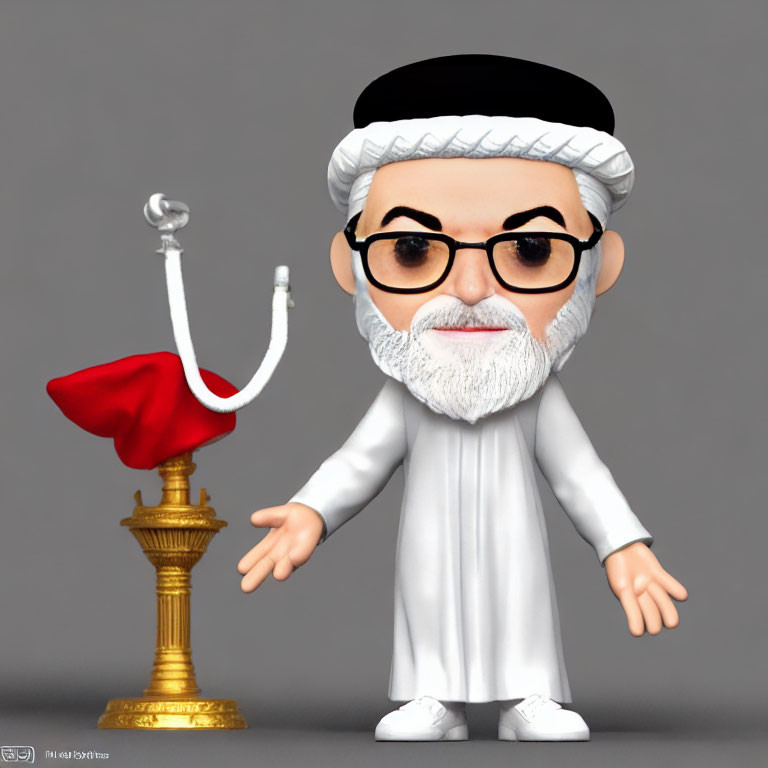 Stylized bearded man figurine in white robe and black turban on golden stand