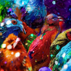 Colorful Birds with Blue, Purple, Orange, and Red Plumage in Bokeh Background