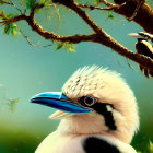 Detailed depiction of large white bird with blue beak and smaller bird on tree branch in soft-focus green