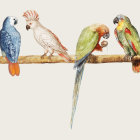 Vibrant parrots on branch with small object and hanging ring