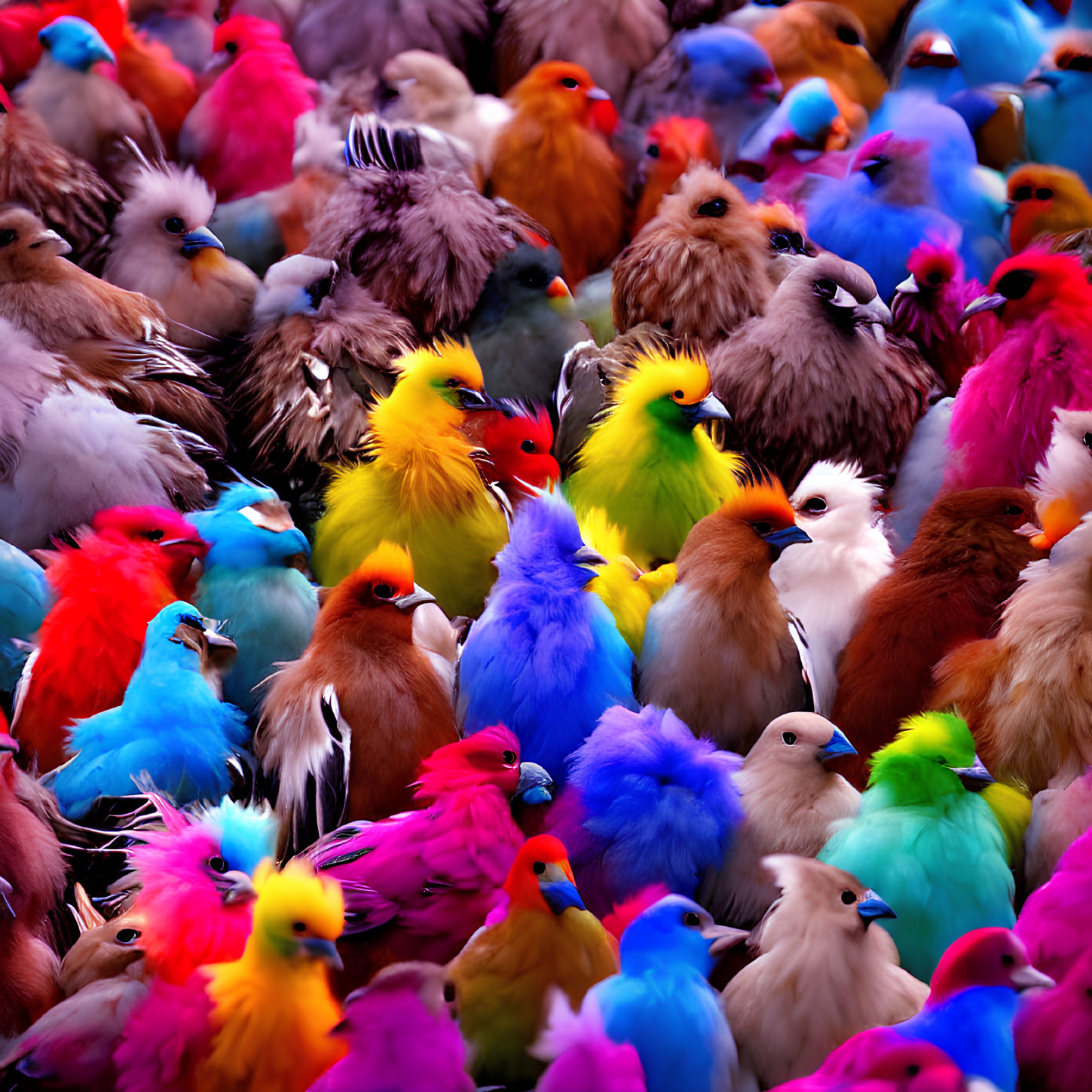 Multicolored pigeons display rainbow dyed feathers