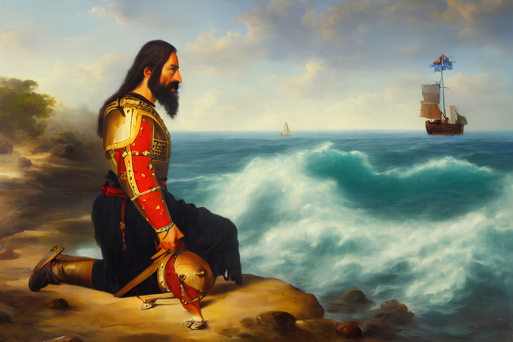 Bearded knight in ornate armor gazes at ships near the coast