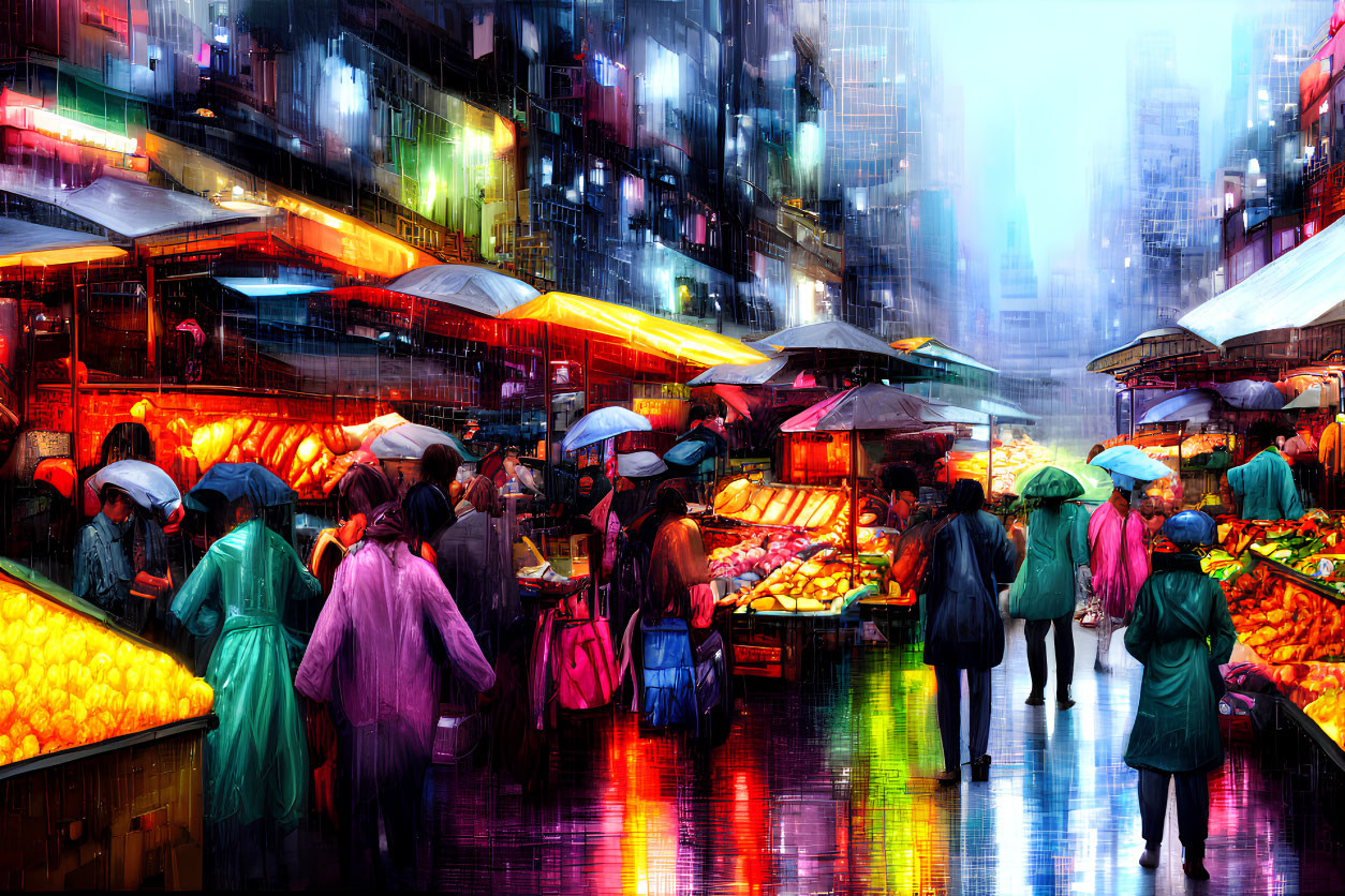 Colorful market stalls in rainy cityscape with neon lights