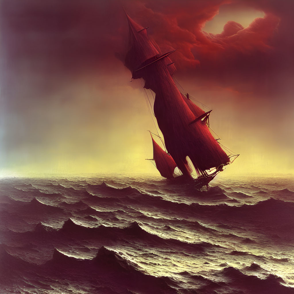 Vintage sailing ship in stormy seas with heart-shaped cloud break