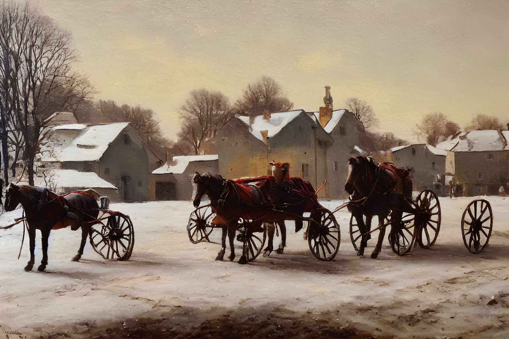 Snowy Winter Scene: Two Horse-Drawn Carriages, Quaint Houses, Soft Glowing