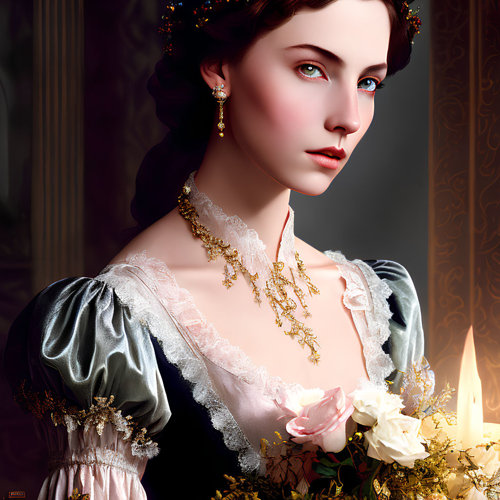 Victorian-style portrait of a woman in satin dress with lace, gold jewelry, bouquet, and candles