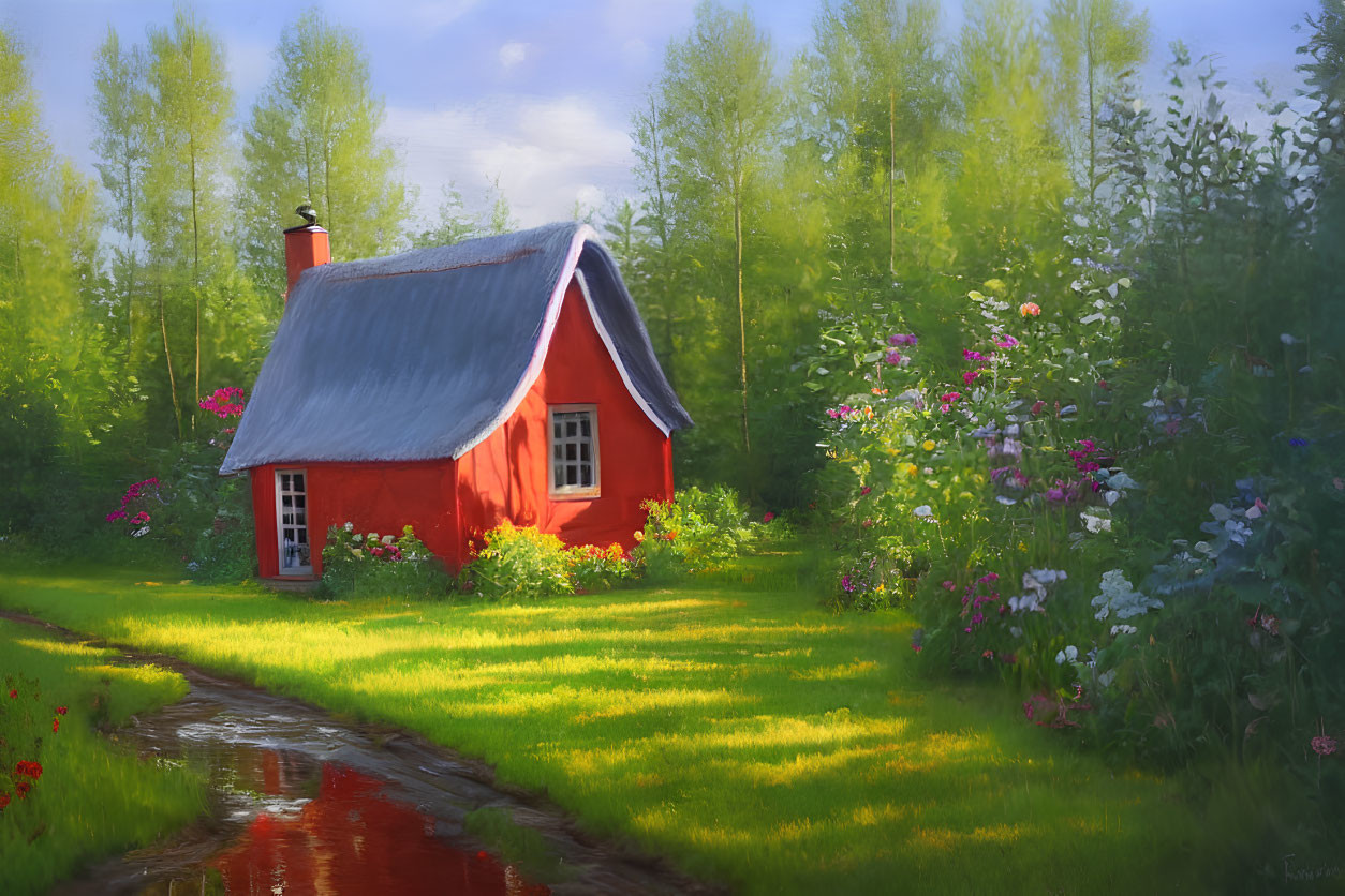 Red cottage with gray roof in green landscape with flowers and stream