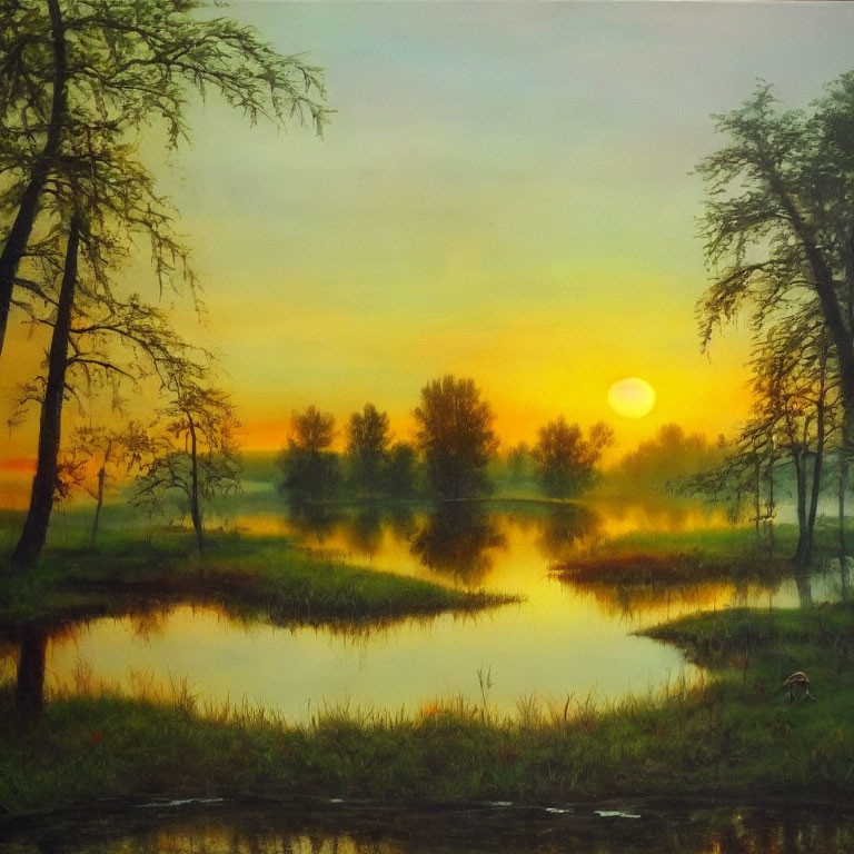 Tranquil sunset landscape with yellow sky reflected in water