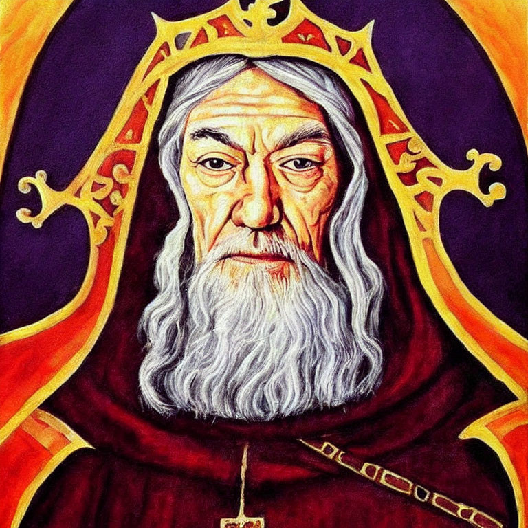 Elderly man with long beard in gold crown and red royal robes