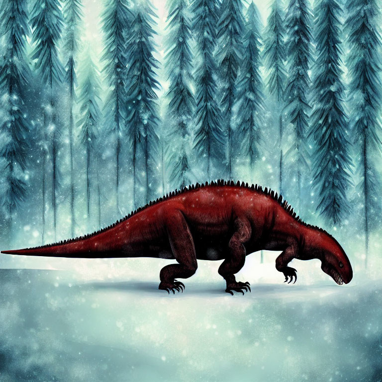 Red dinosaur walking in snowy forest with tall trees under blue sky