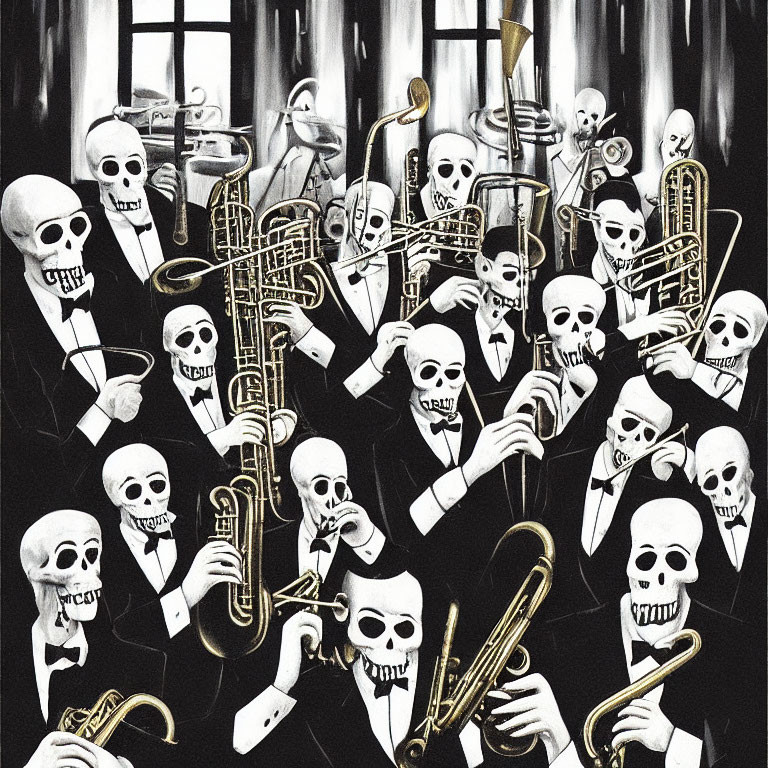 Monochromatic skeleton band playing brass instruments