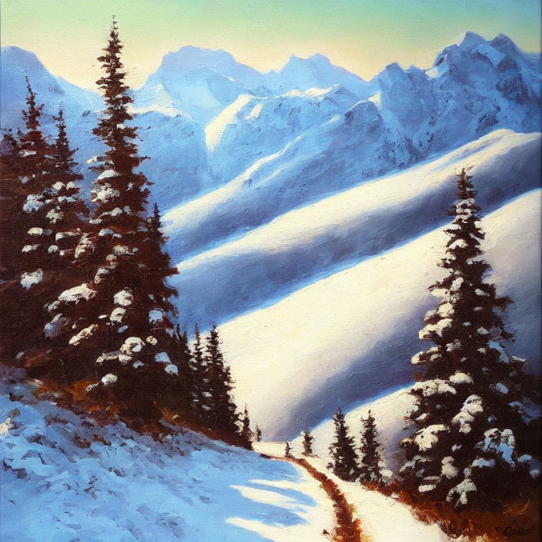 Snow-Covered Mountain Landscape with Pine Trees and Sunset Sky