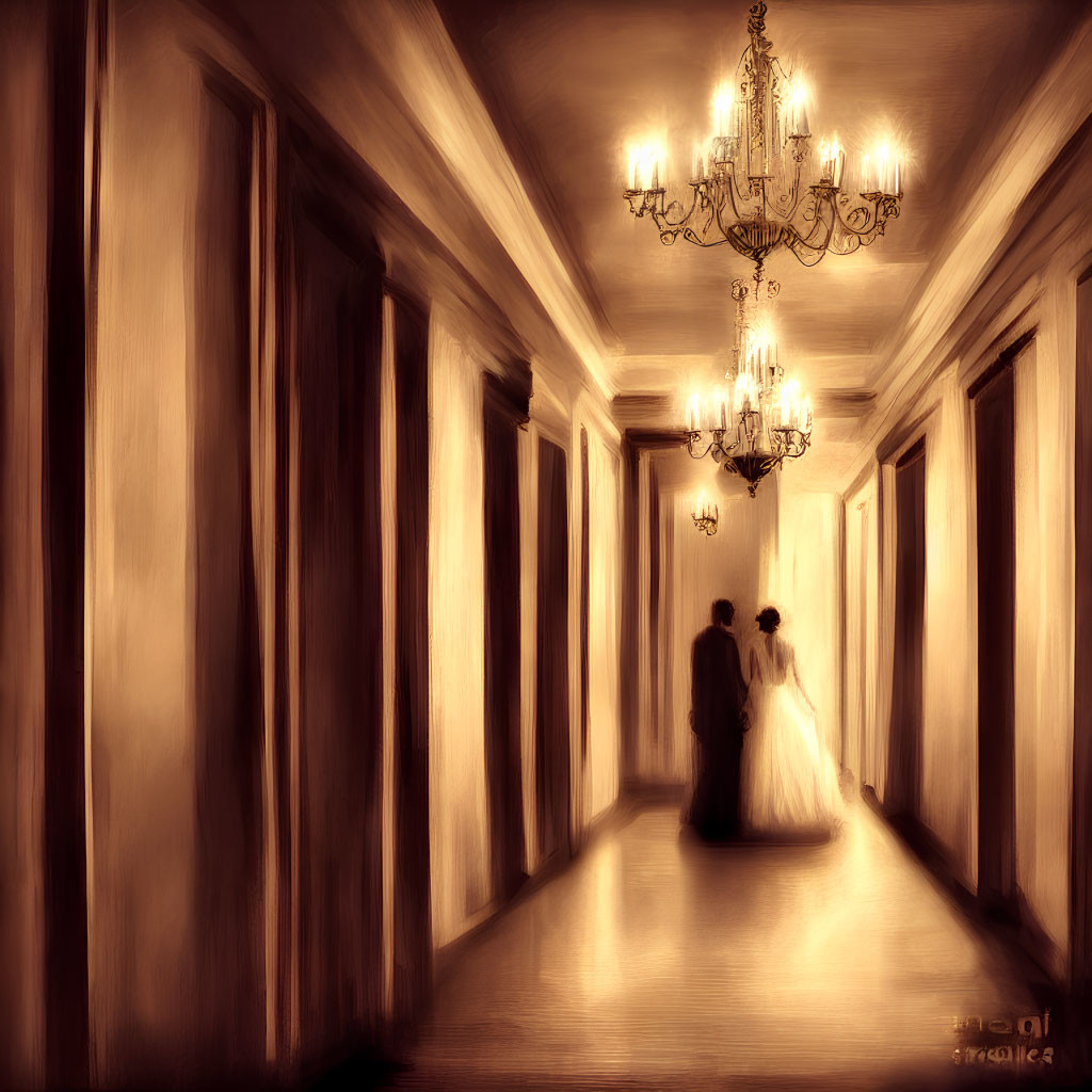 Elegant hallway with couple in formal attire walking.