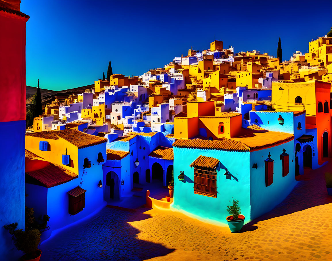 Traditional blue-washed buildings in Chefchaouen, Morocco under a bright sky