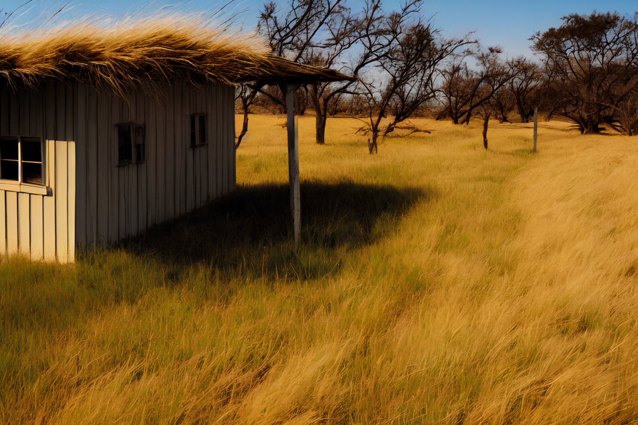 Thatched Roof Rustic Cabin in Golden Grass Landscape