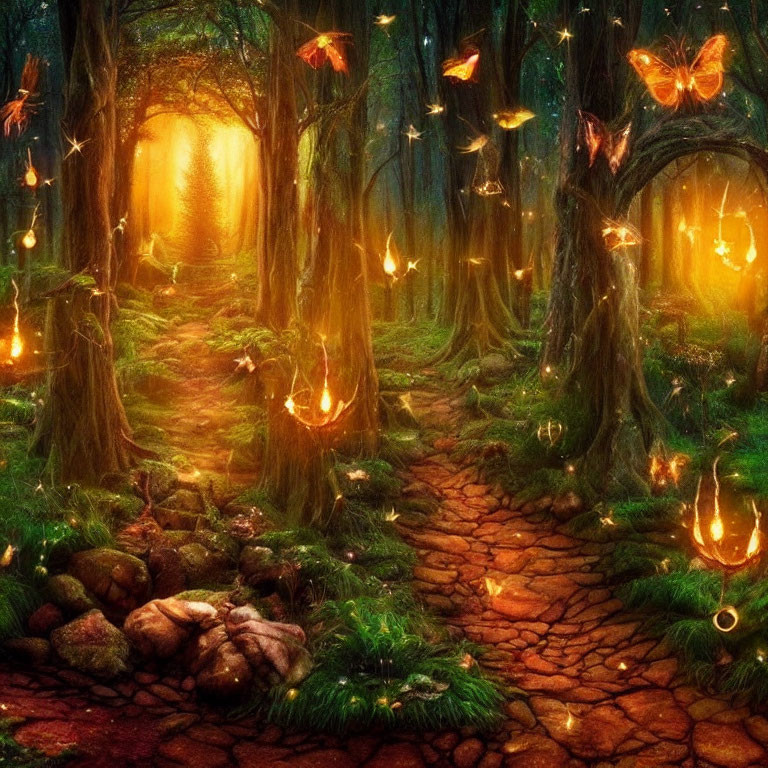 Enchanting forest path with glowing butterflies and magical lights