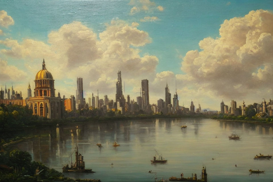 Classic Painting: River, Boats, Cityscape, Golden-Domed Structure