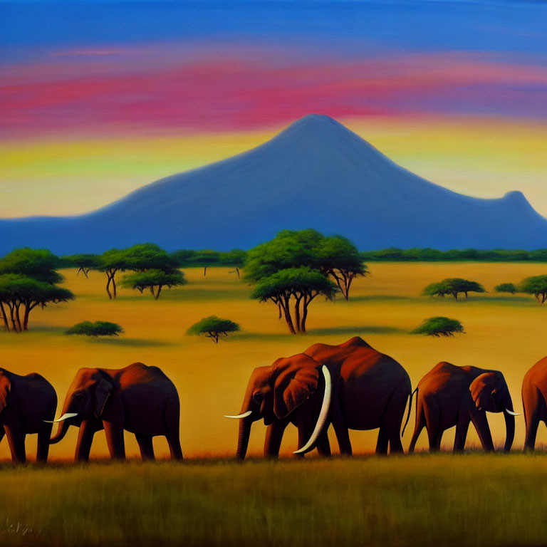 Elephants walking in savanna with sunset sky and mountain.