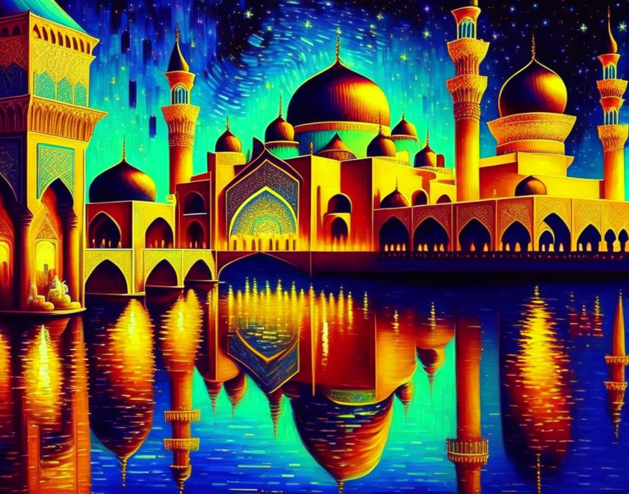 Stylized Middle Eastern palace architecture under starry night sky