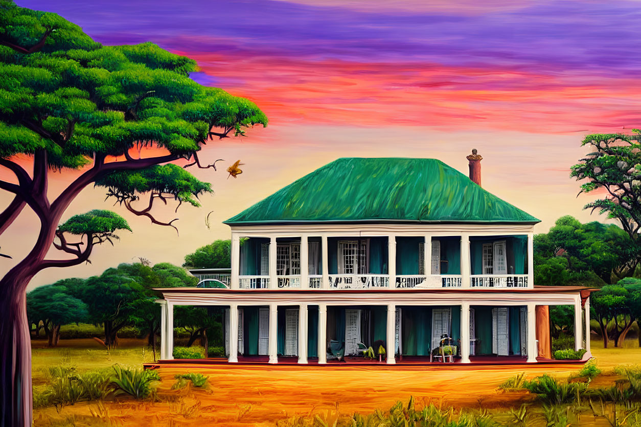 Classic Two-Story House with Large Porch in Twilight Landscape