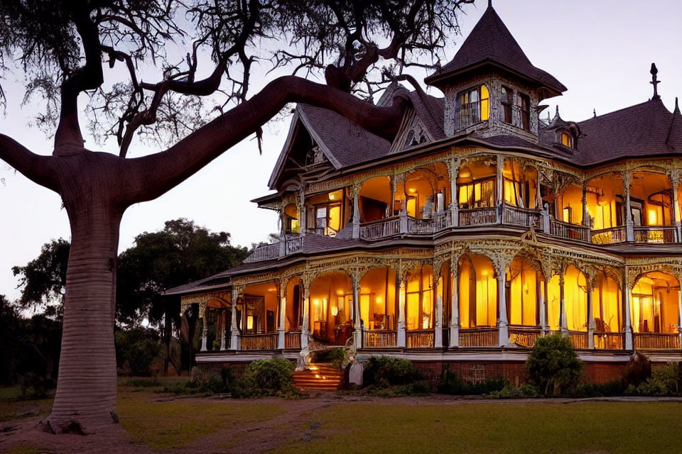 Victorian-style mansion with intricate details and multiple verandas, brightly lit at dusk, beside a sprawling