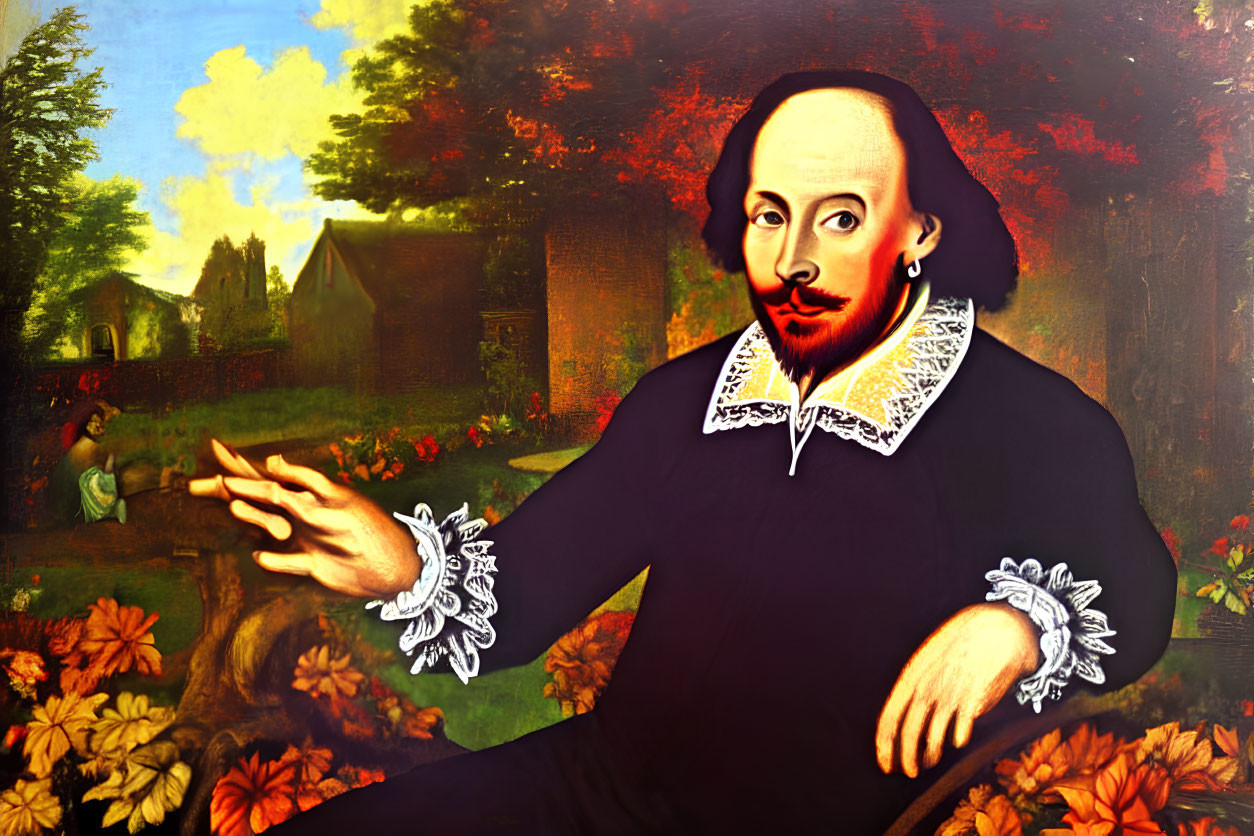 Portrait of William Shakespeare with stylized collar and gesturing hand in colorful pastoral setting